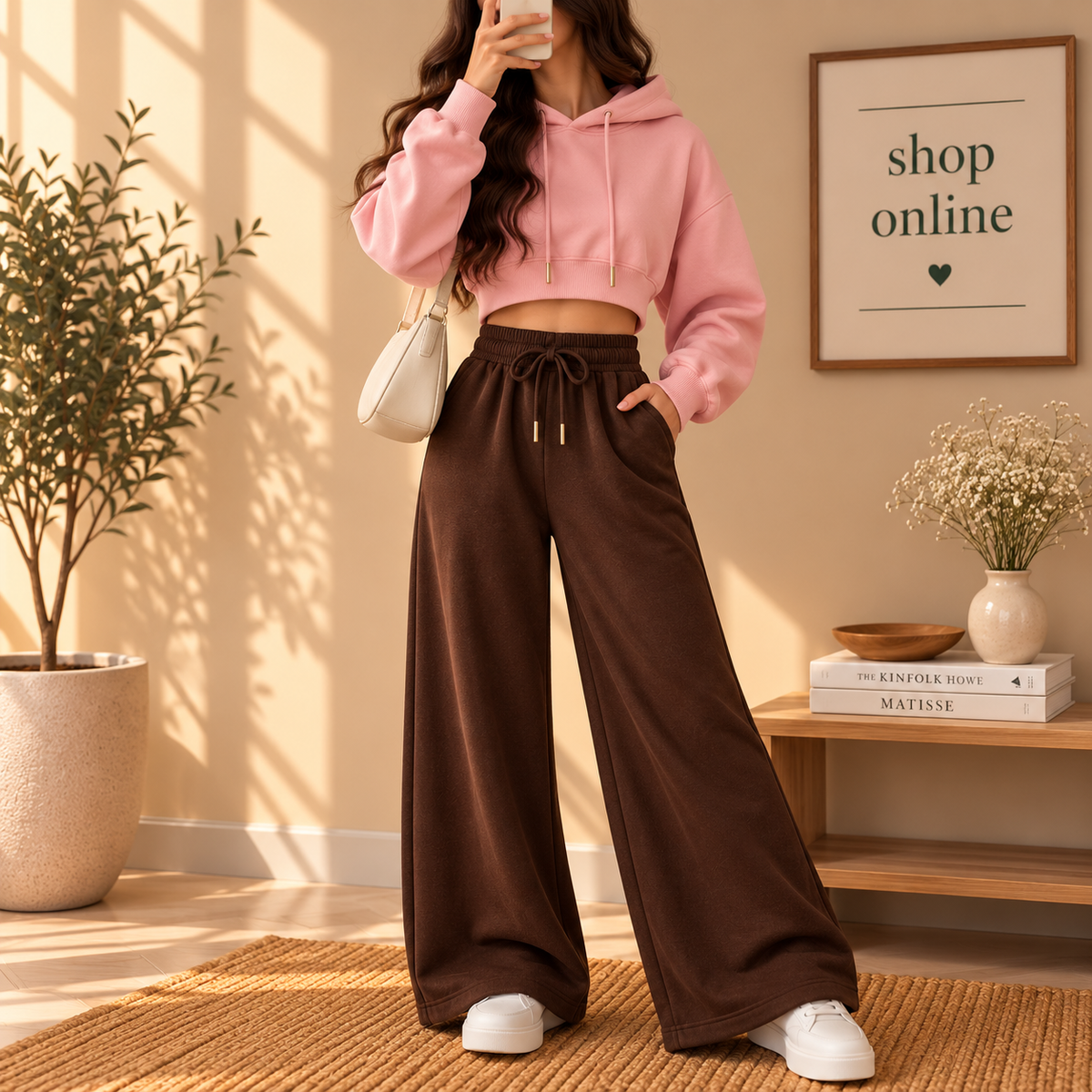 Basic Pink Crop Hoodie With Brown Flapper