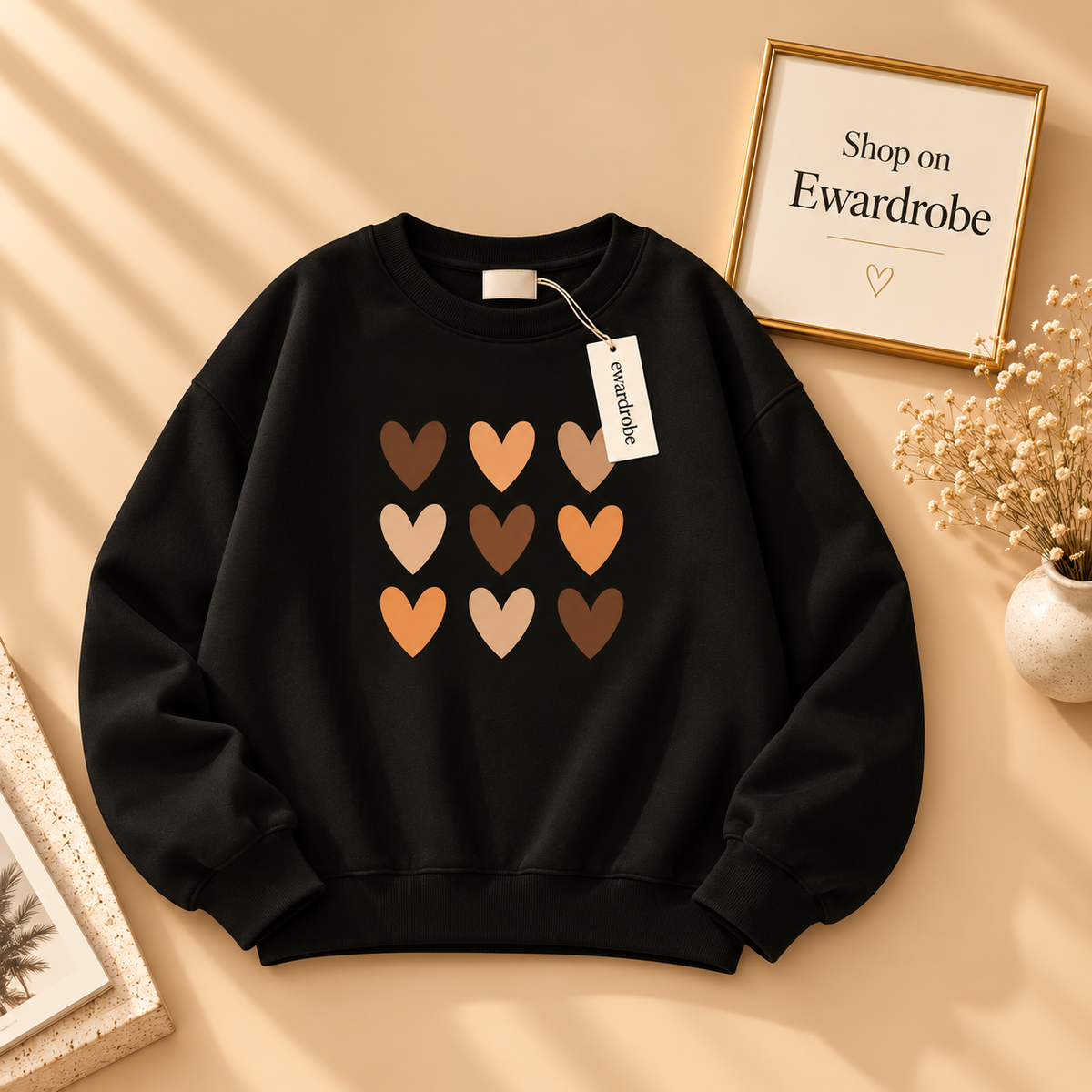 Brown Hearts on Black Sweatshirt