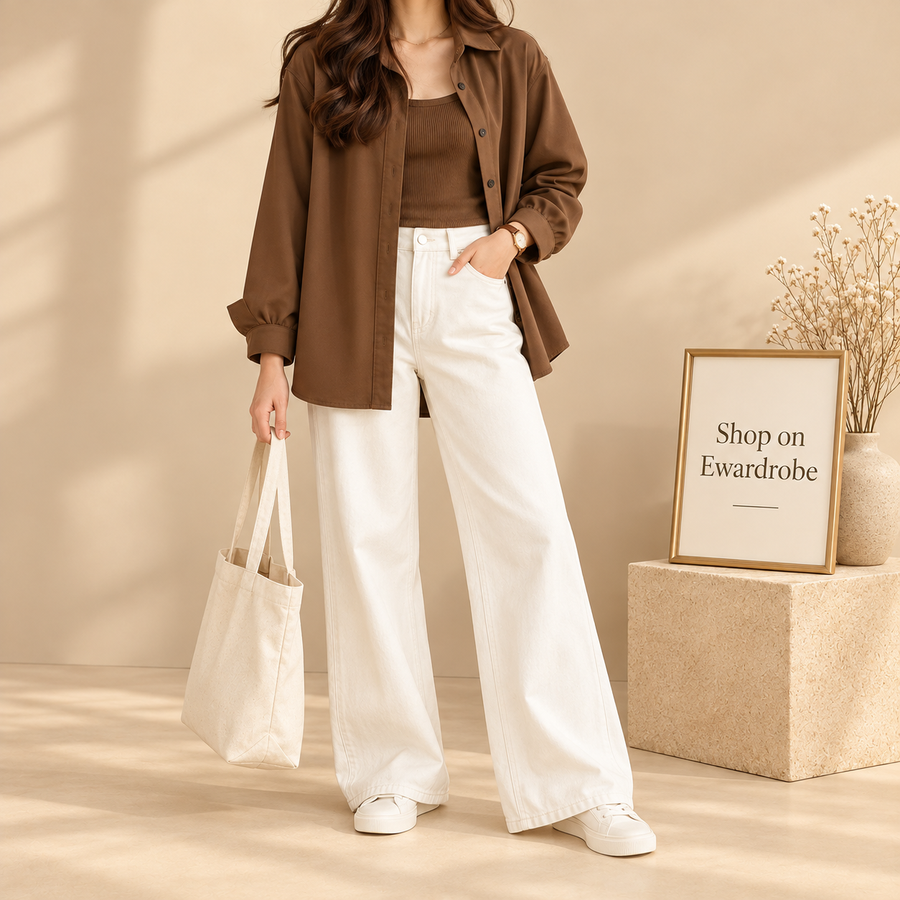Coffee Brown Button Down Shirt with White Wide Leg Jeans