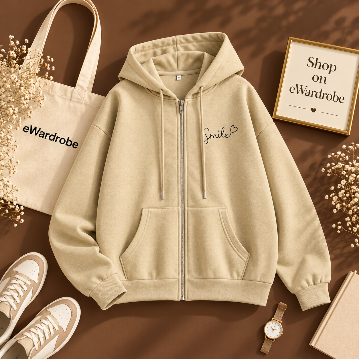 Beige Zipper Hoodie Smile Pocket