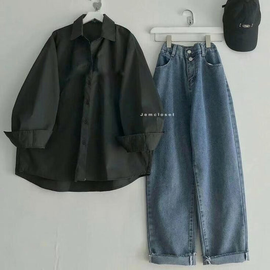 BLACK BUTTON SHIRT WITH SKY BLUE WIDE LEG JEANS COMBO - teehoodie.co