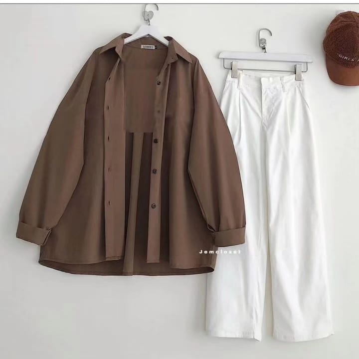 COFEE BROWN BUTTON SHIRT WITH WHITE WIDE LEG JEANS COMBO - teehoodie.co