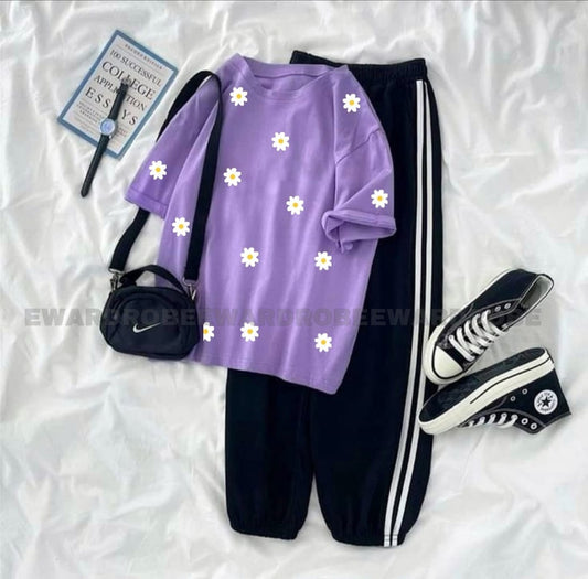 DAISY ALL OVER TSHIRT LILAC WITH 3 STRIPES TROUSER - teehoodie.co