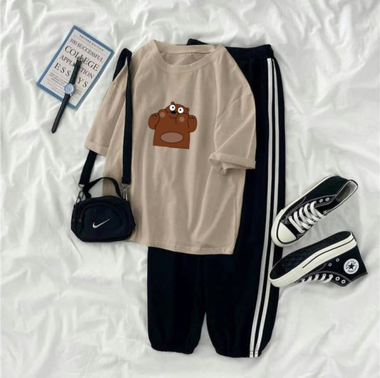 CREAM TEE BROWN BEAR WITH 3 STRIPE TROUSER - teehoodie.co