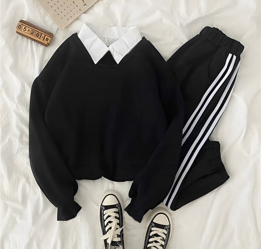 COLLAR SWEATSHIRT WITH 3 STRIPES TROUSER - teehoodie.co