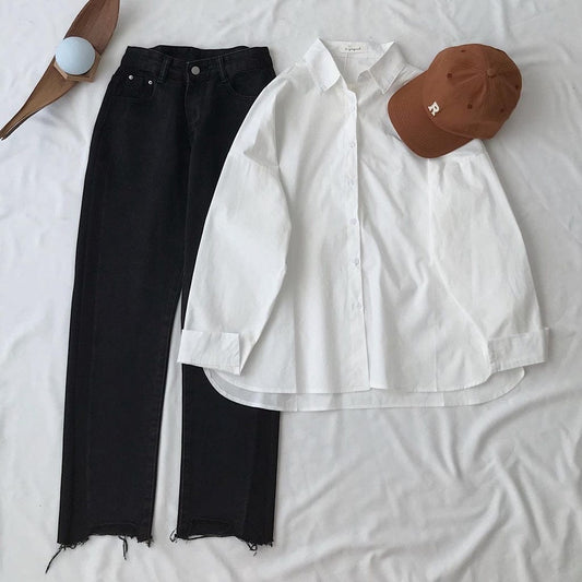 WHITE BUTTON SHIRT WITH BLACK WIDE LEG JEANS