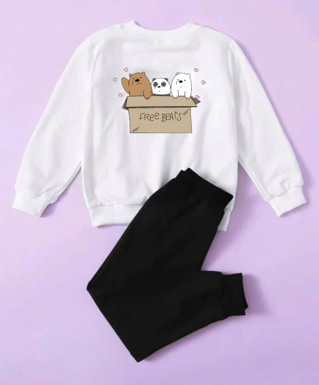 WHITE FREE BEAR SWEATSHIRT WITH BLACK TROUSER