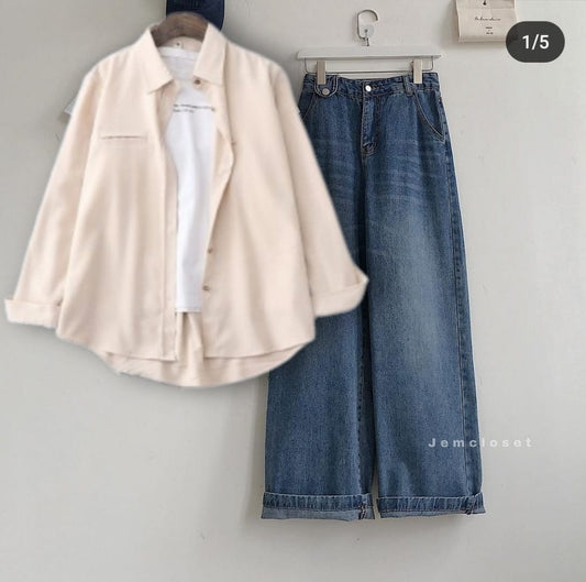 OFFWHITE SHIRT WITH INNER AND MID BLUE WIDE LEG JEANS (3PCS)