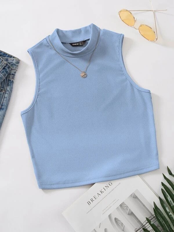 SKY BLUE RIB KNIT TANK TOP