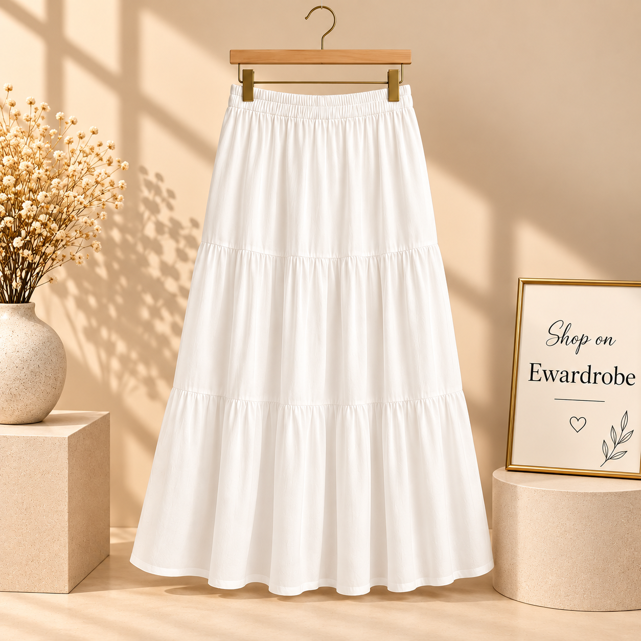 White 3 Tier Twill Long Skirt