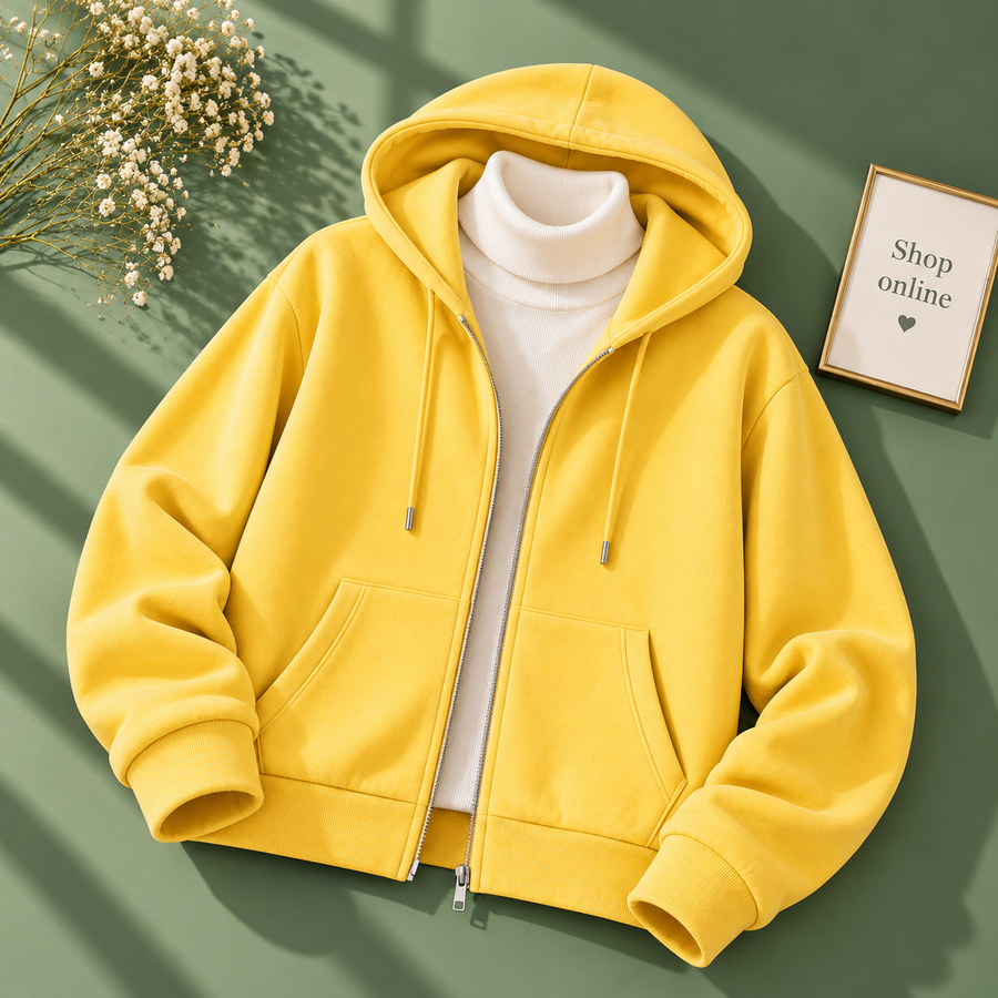 Basic Yellow Zipper Hoodie With White Highneck