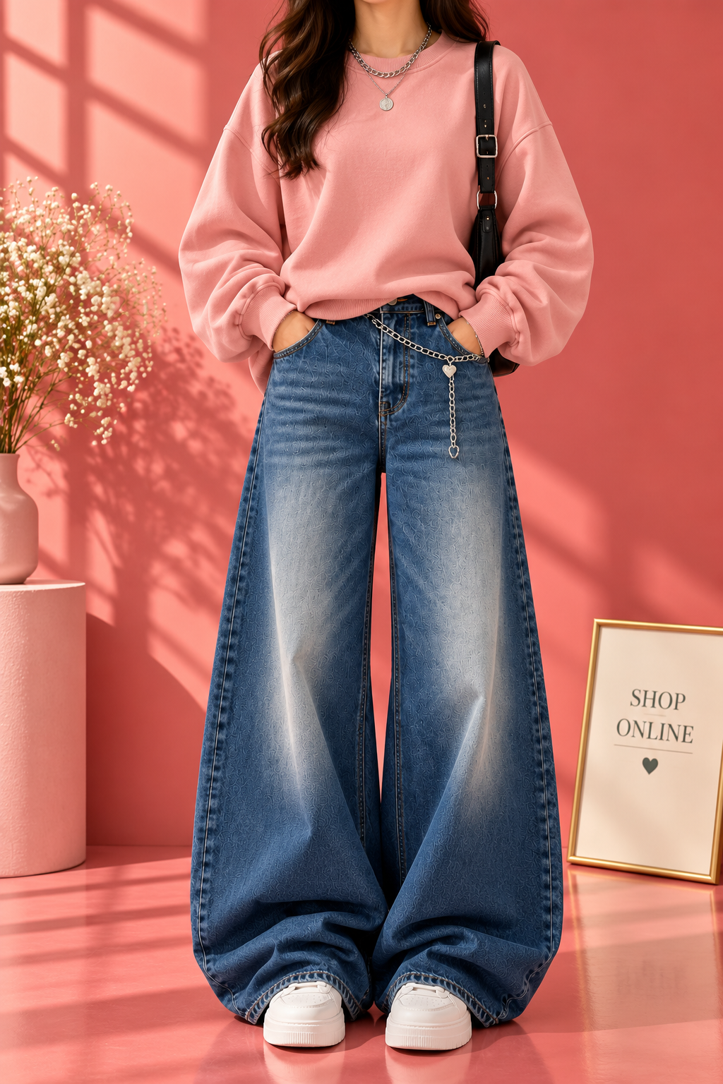 Pink Sweatshirt With Dark Blue Vintage Faded Jeans