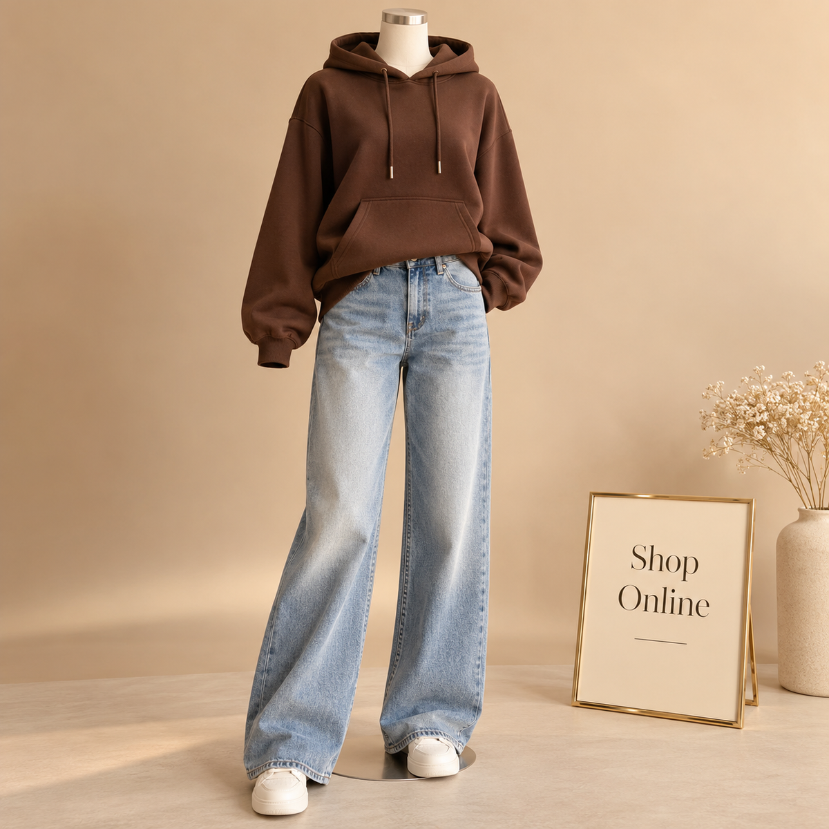 Brown Hoodie With Ice Blue Vintage Faded Jeans