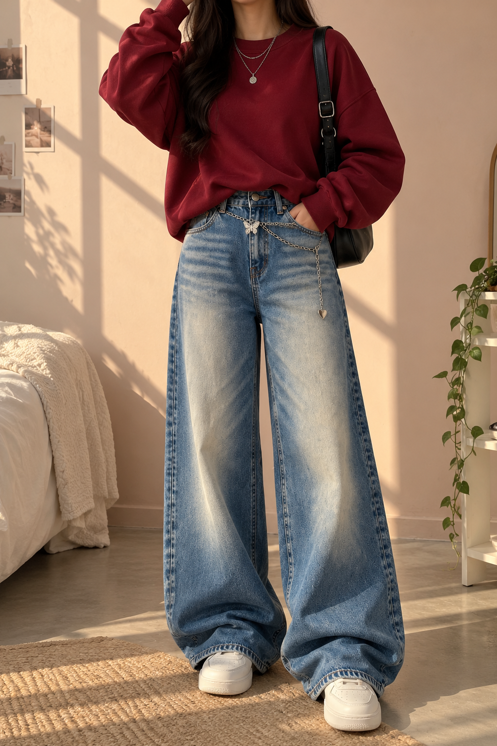 Maroon Sweatshirt With Sky Blue Vintage Faded Jeans