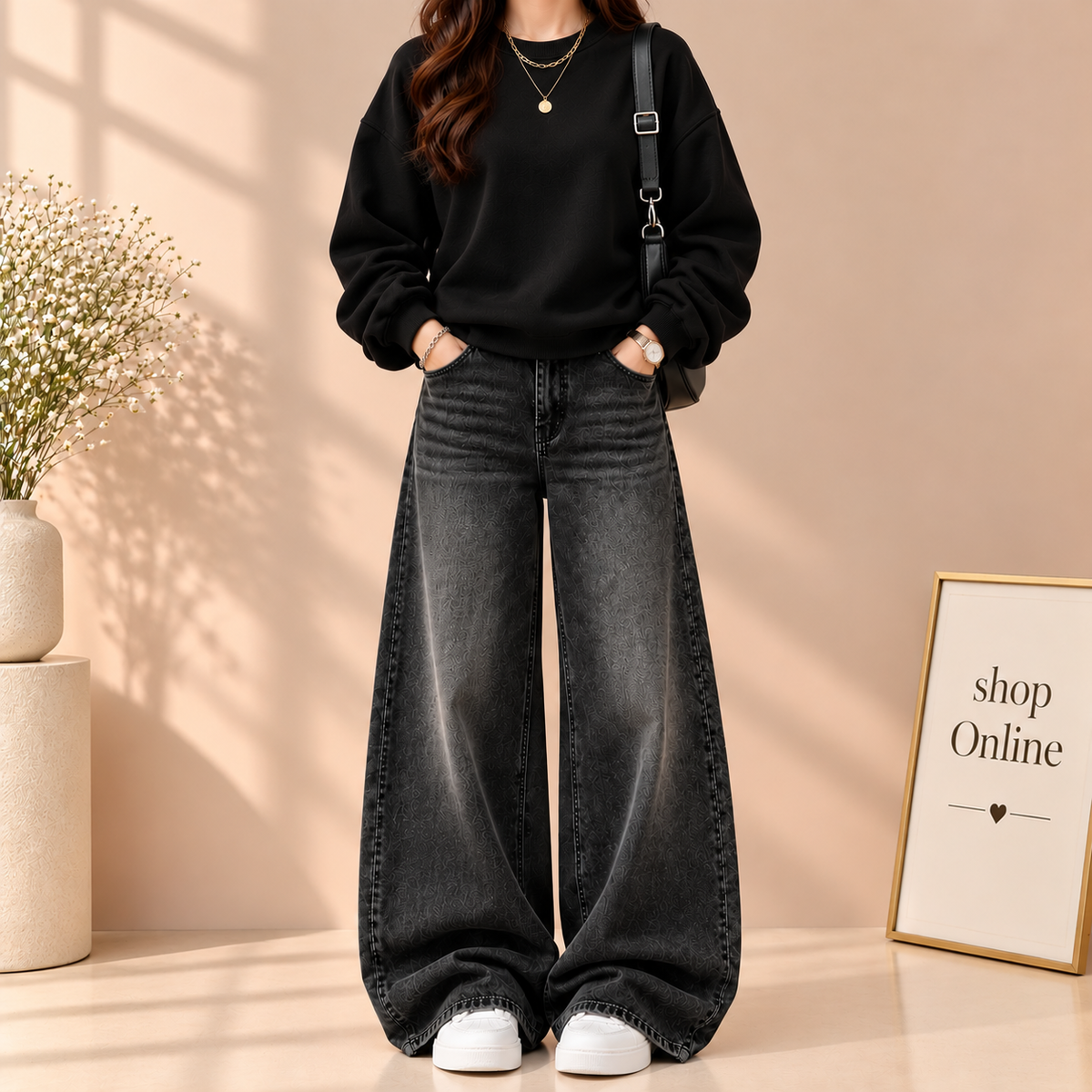 Black Sweatshirt With Black Vintage Faded Jeans