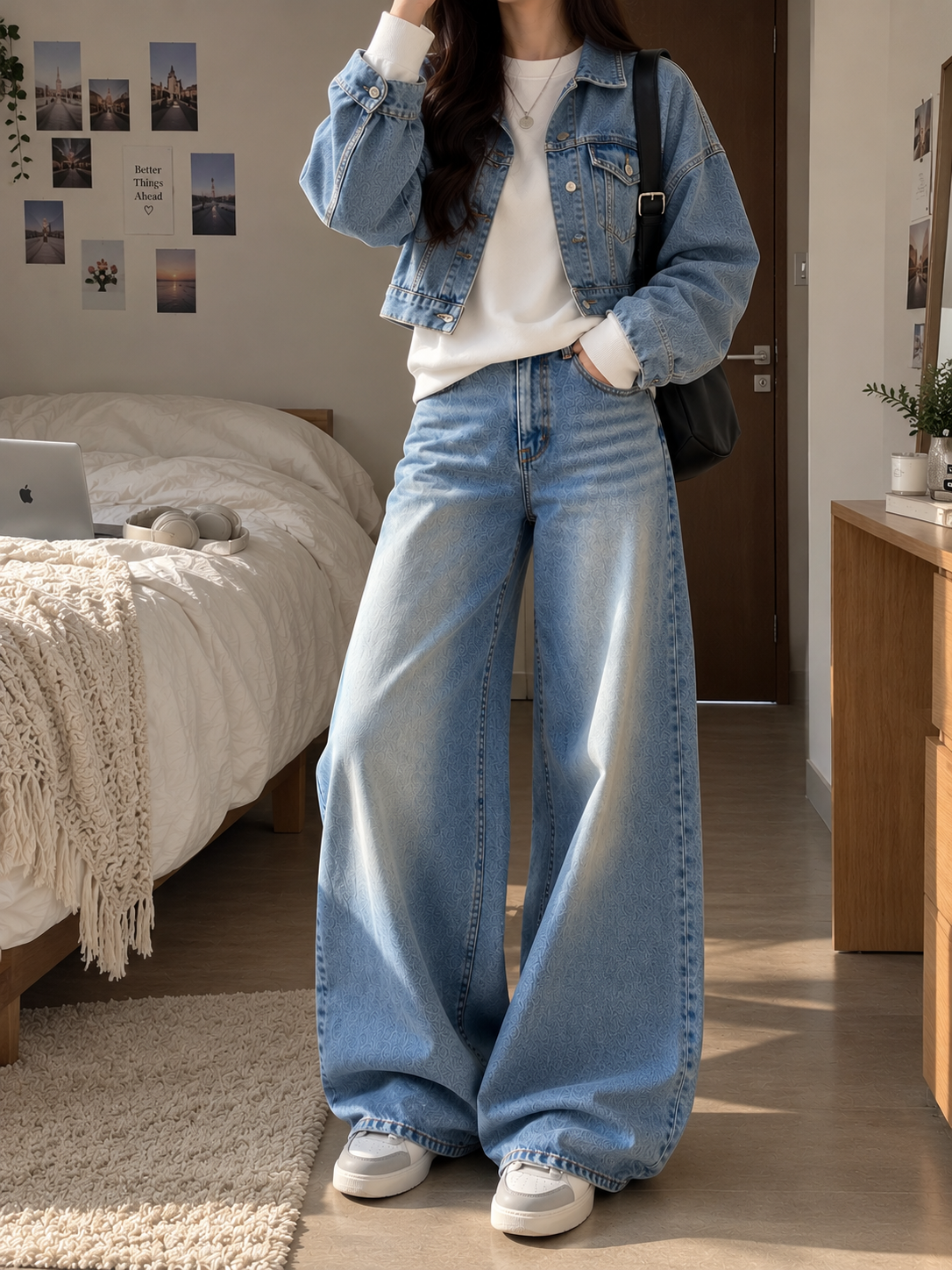 3 piece Combo [White Sweatshirt With Ice Blue Denim Jacket With Ice Blue Vintage Faded Jeans]