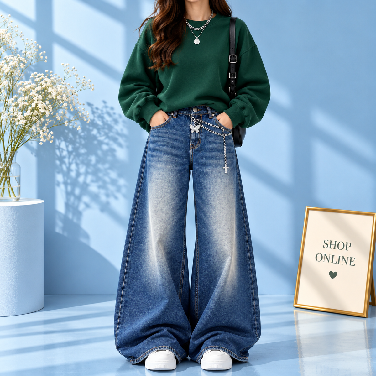 Green Sweatshirt With Dark Blue Vintage Faded Jeans