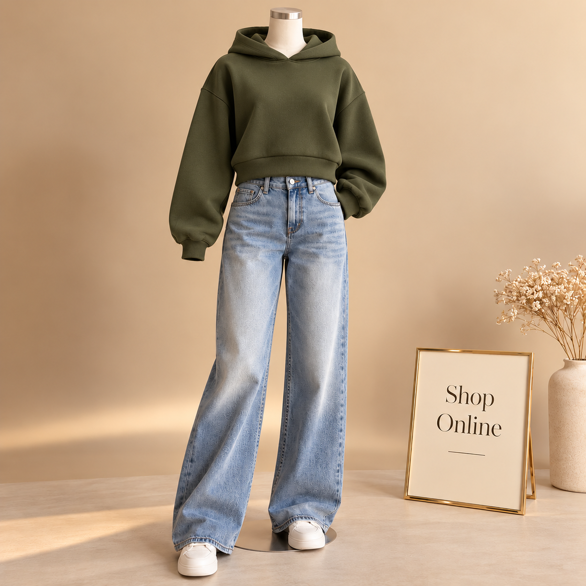 Olive Crop Hoodie With Ice Blue Vintage Faded Jeans