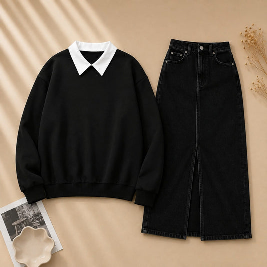 Basic Black Collar Sweatshirt With Black Denim Skirt