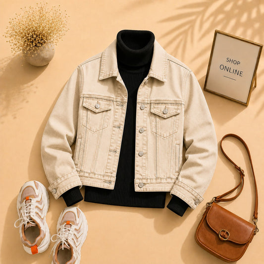BEIGE DENIM JACKET WITH BLACK HINECK