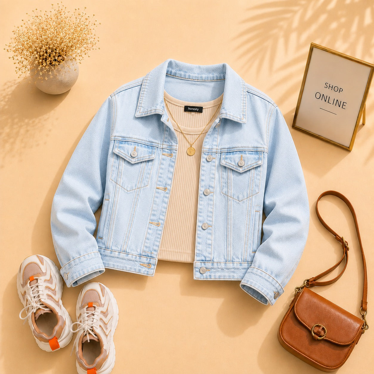 ICE BLUE DENIM JACKET WITH BEIGE TANKTOP