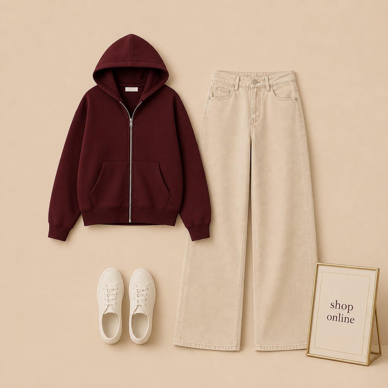 Maroon Zipper Hood With Beige Wide Leg Jeans