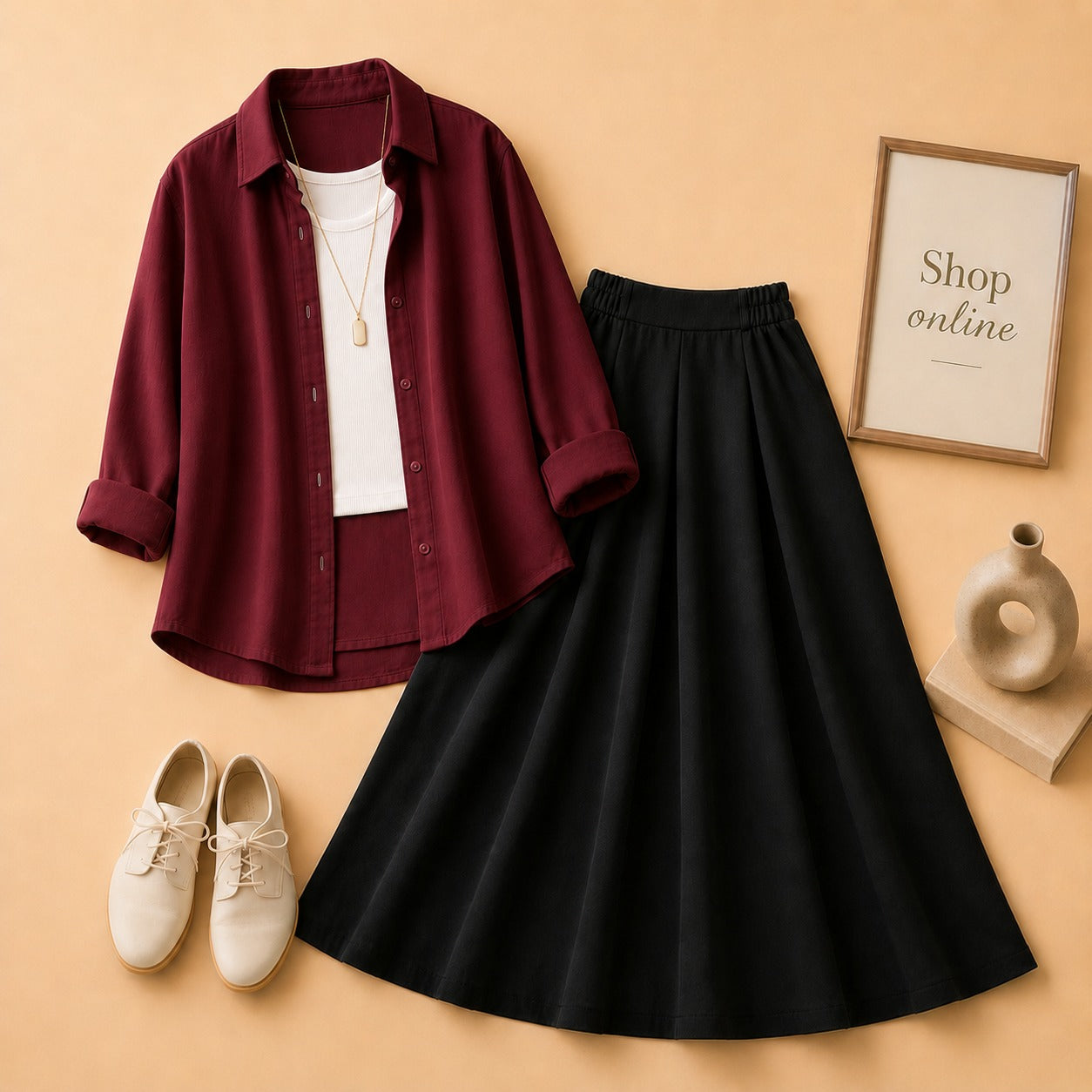 MAROON BUTTON SHIRT WITH WHITE TANKTOP AND BLACK TWILL SKIRT
