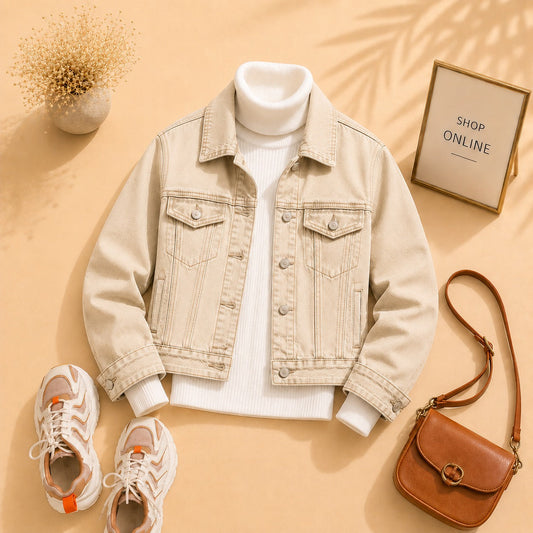 BEIGE DENIM JACKET WITH WHITE HINECK