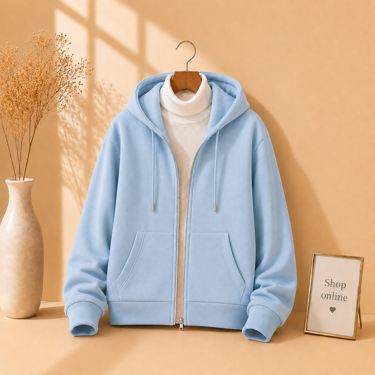 Sky blue Zipper With White Highneck