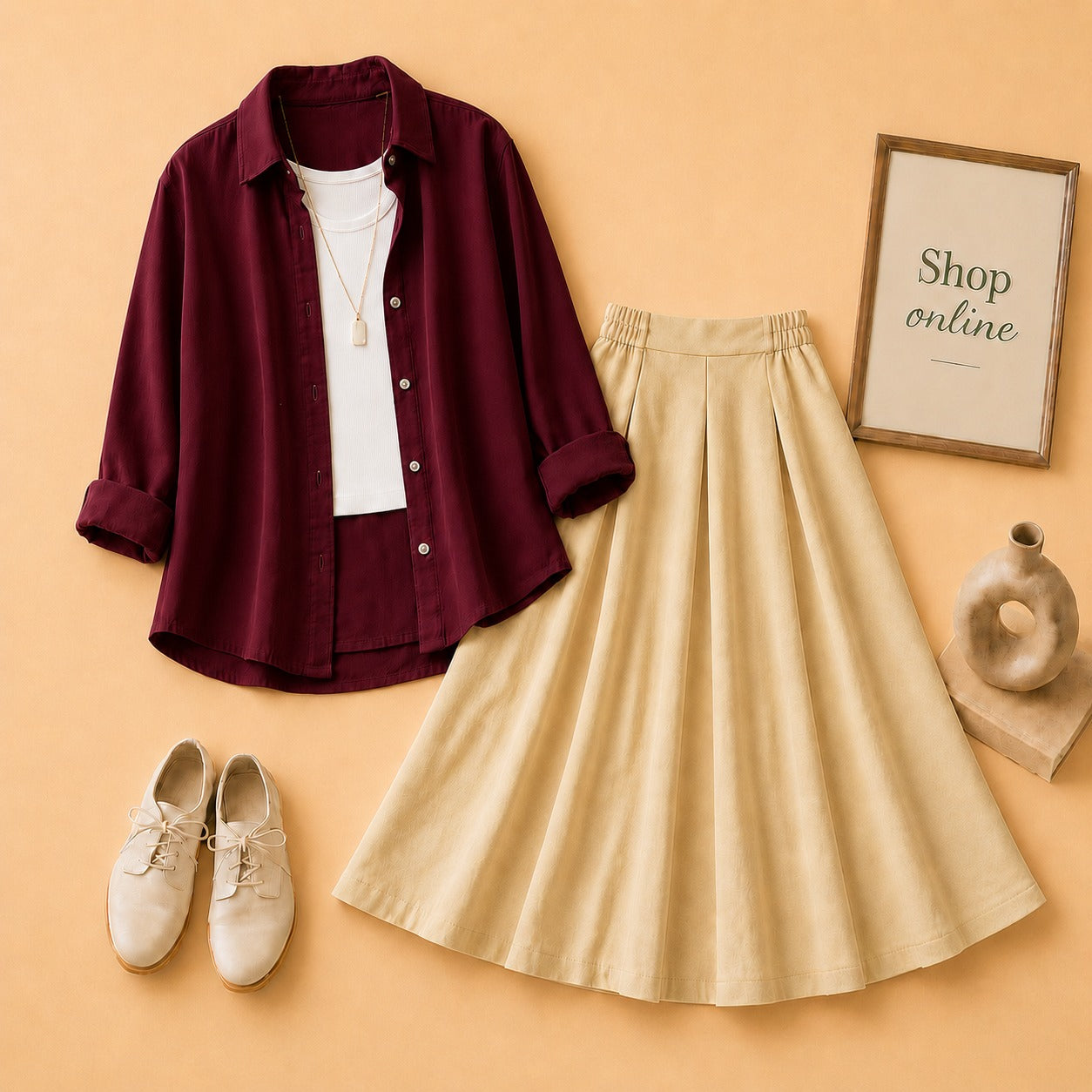 MAROON BUTTON SHIRT WITH WHITE TANKTOP AND BEIGE TWILL SKIRT