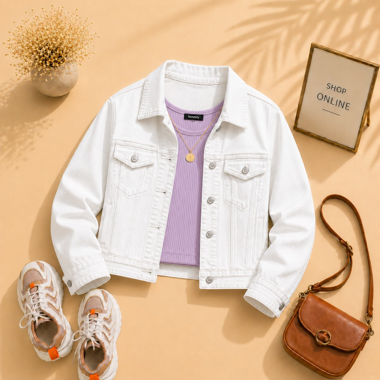 WHITE DENIM JACKET WITH LILAC TANKTOP