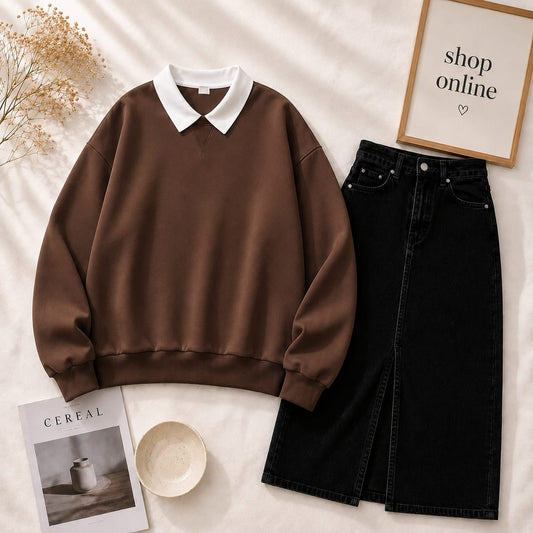 Basic Brown Collar Sweatshirt With Black Denim Skirt