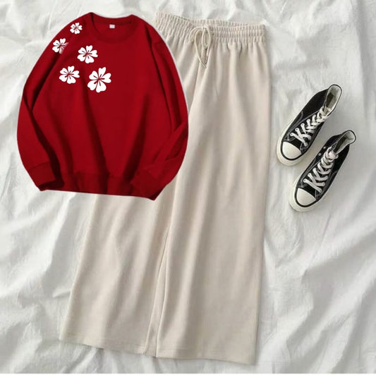 FLORAL RED SWEATSHIRT WITH BEIGE FLAPPER