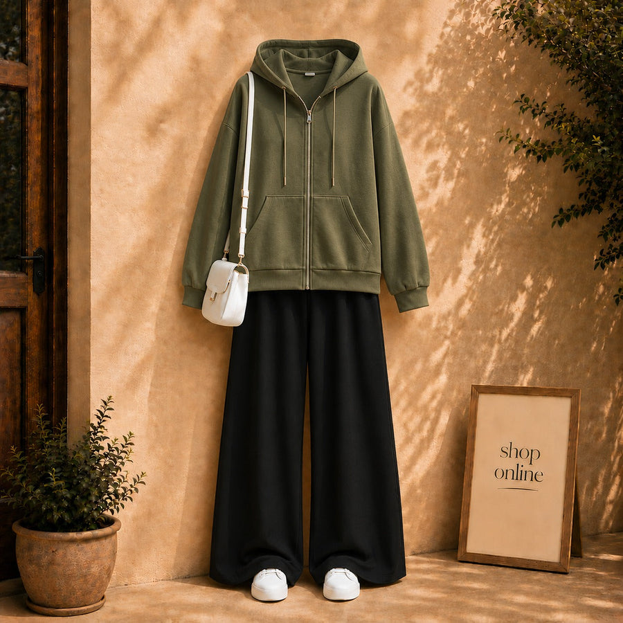 Basic Olive green Zipper Hoodie with Black Flapper