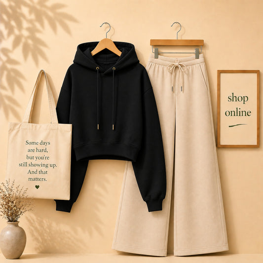 Basic Black Crop Hoodie With Beige Flapper