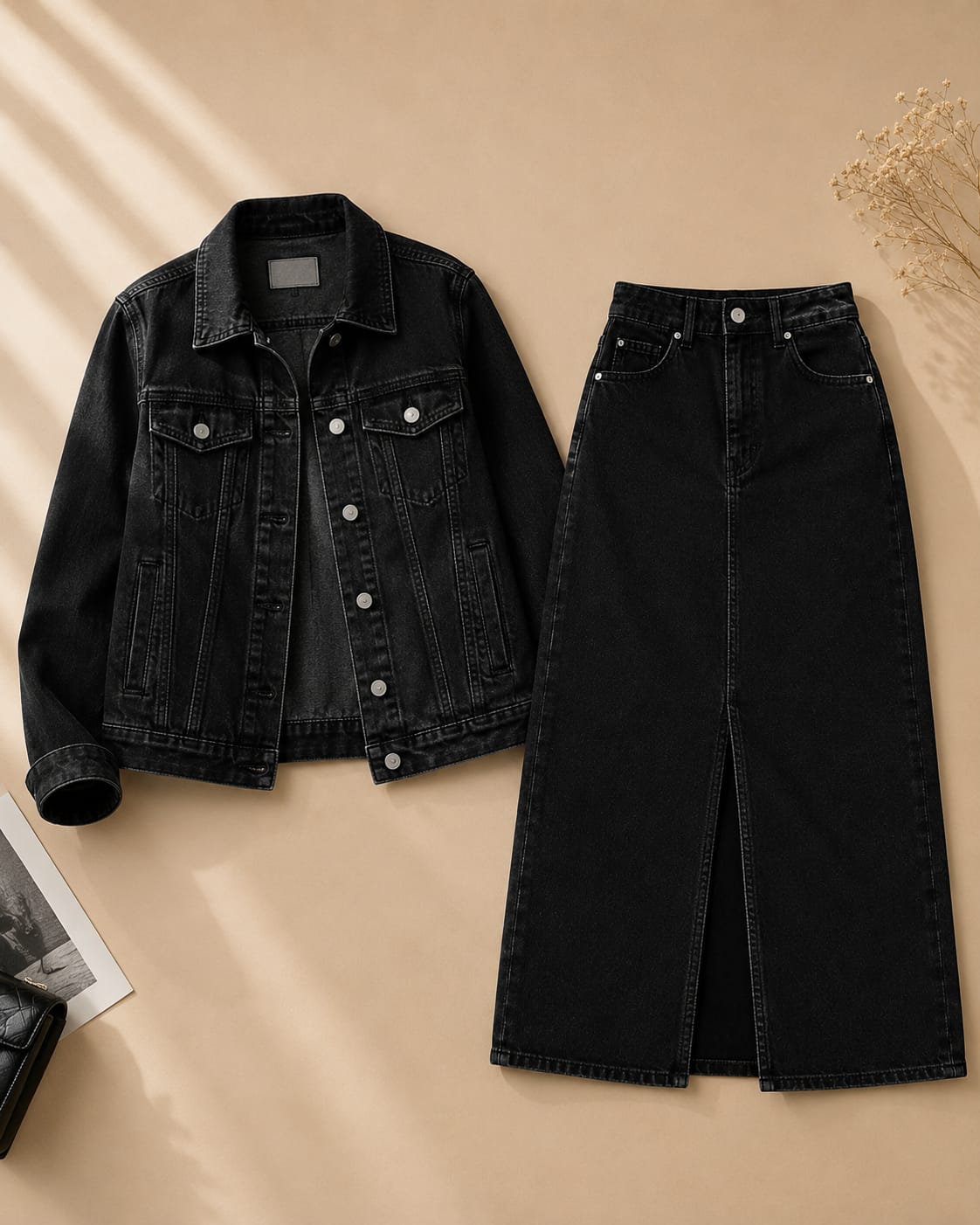 Black Denim Jacket with denim skirt