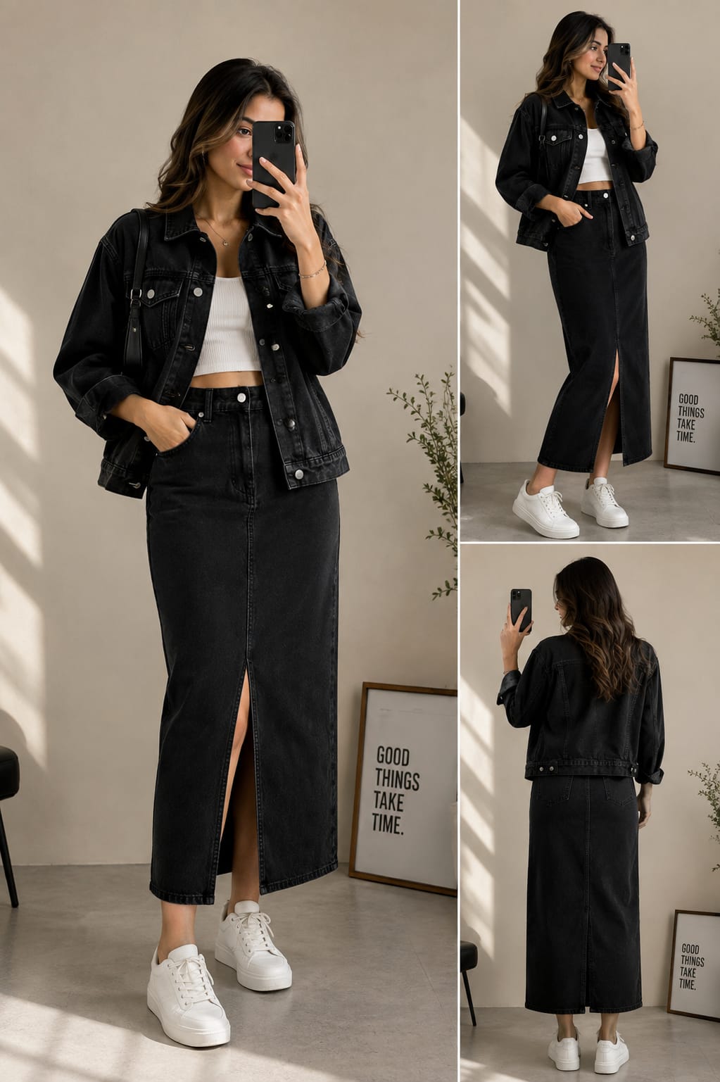 Black Denim Jacket with denim skirt