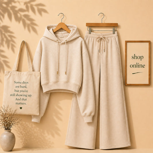 Basic Beige Crop Hoodie With Beige Flapper