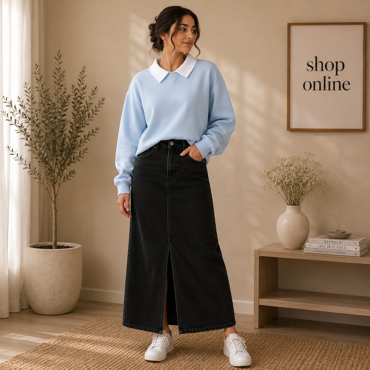 Ice Blue Collar Sweatshirt With Black Denim Skirt