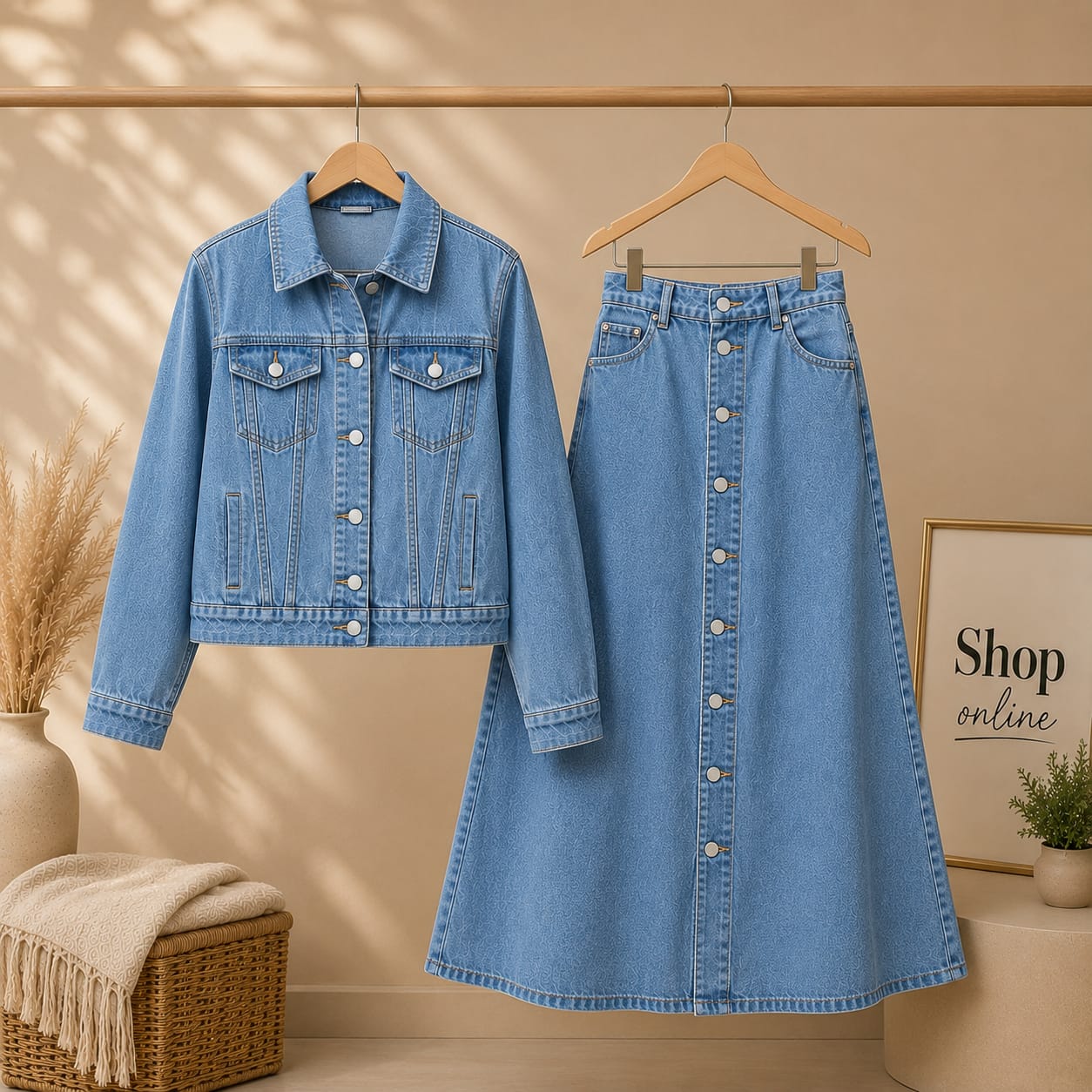 Mid Blue Denim Jacket with denim skirt