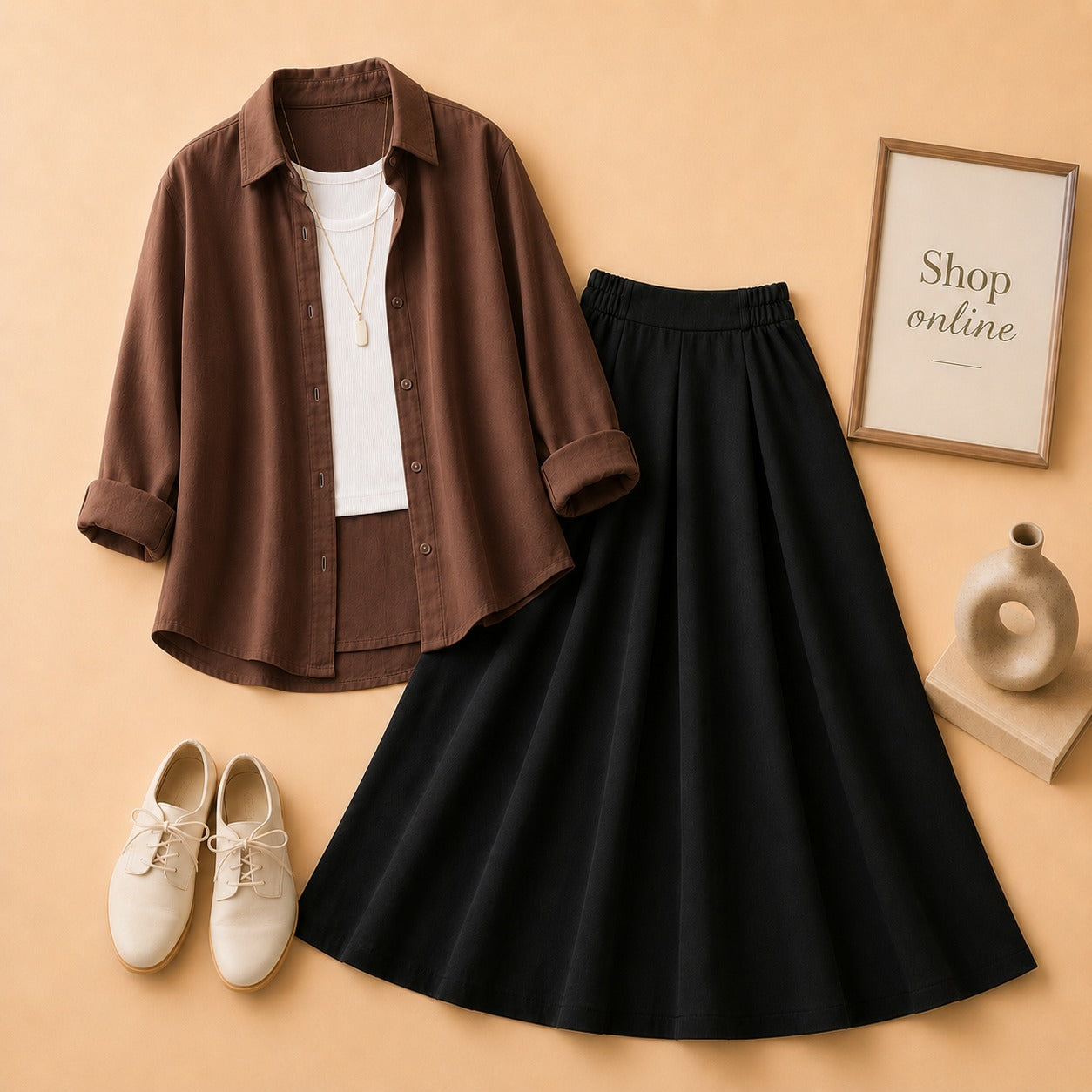 BROWN BUTTON SHIRT WITH WHITE TANKTOP AND BLACK TWILL SKIRT