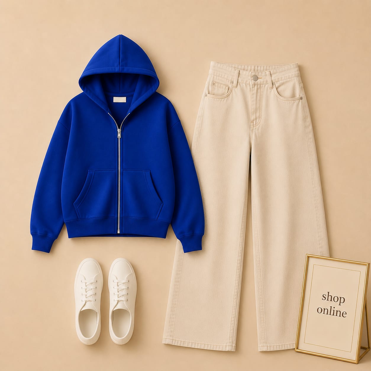 Royal Blue Zipper Hood With Beige Wide Leg Jeans