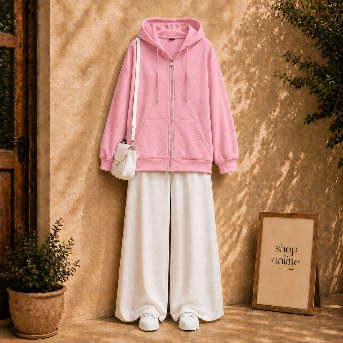 Basic Pink Zipper Hoodie with White Flapper