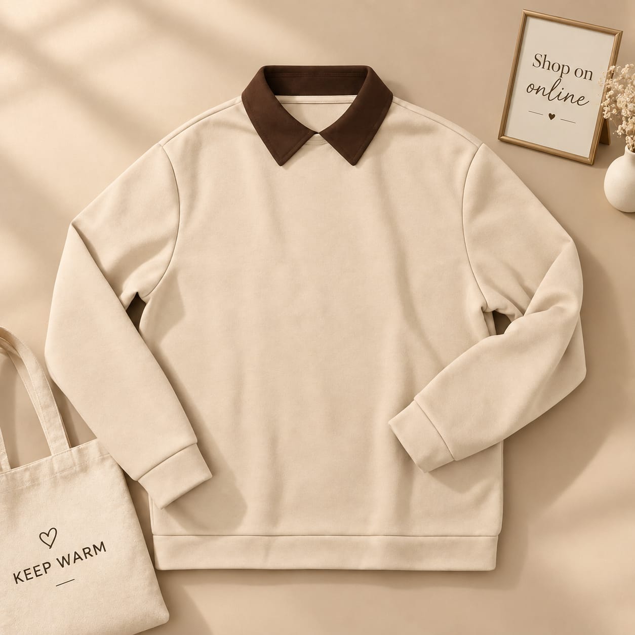 Beige and dark brown Collar Sweatshirt