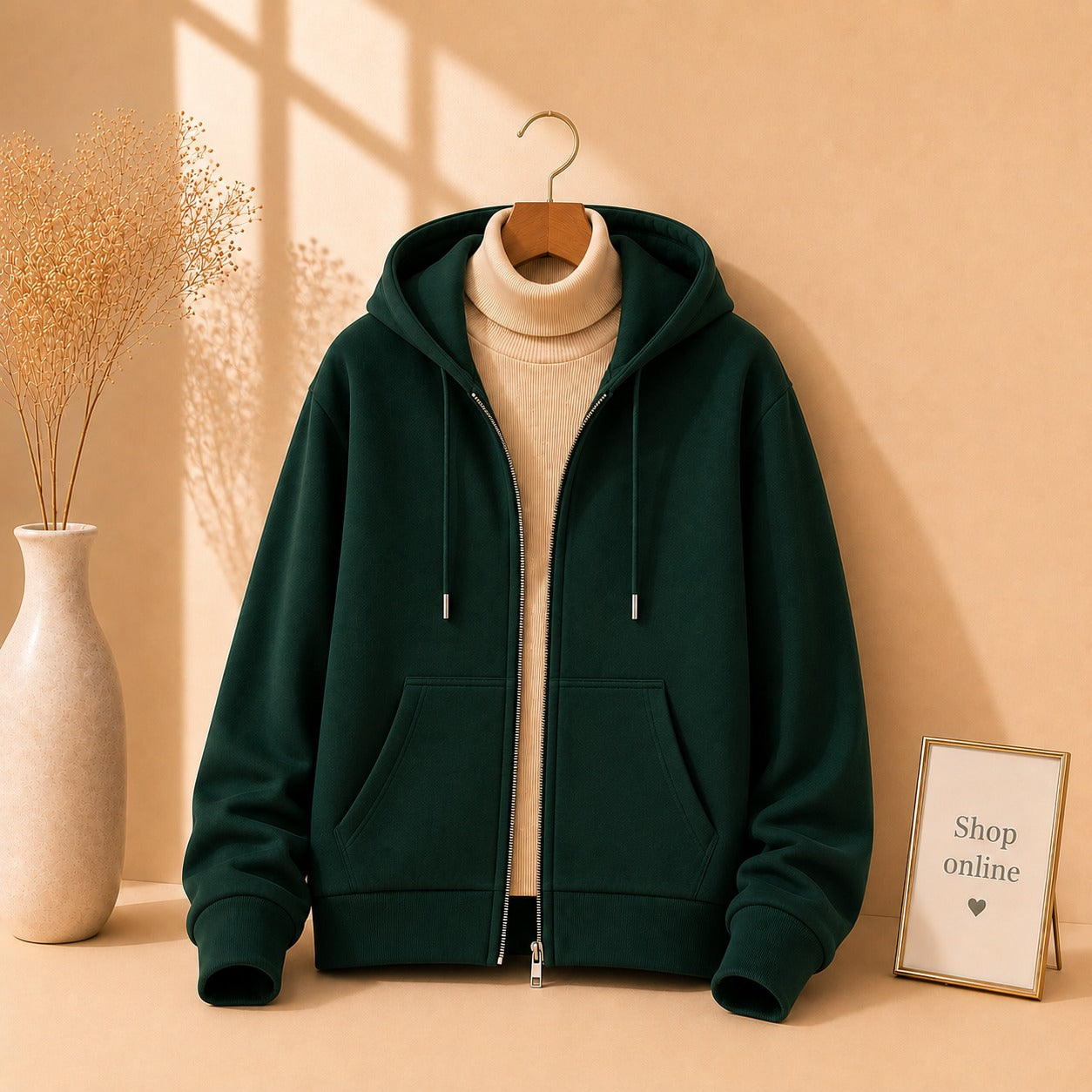 Bottle green Zipper With Beige Highneck