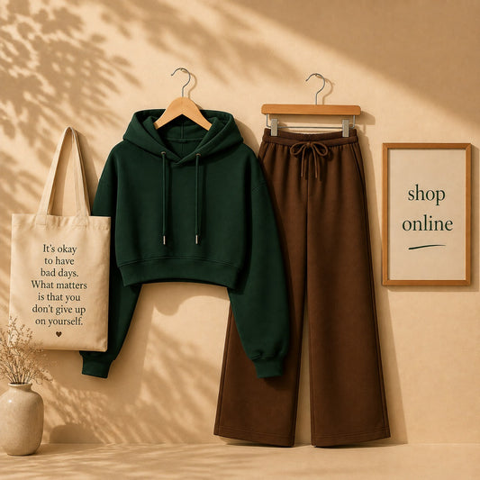 Basic Bottle green Crop Hoodie With Brown Flapper