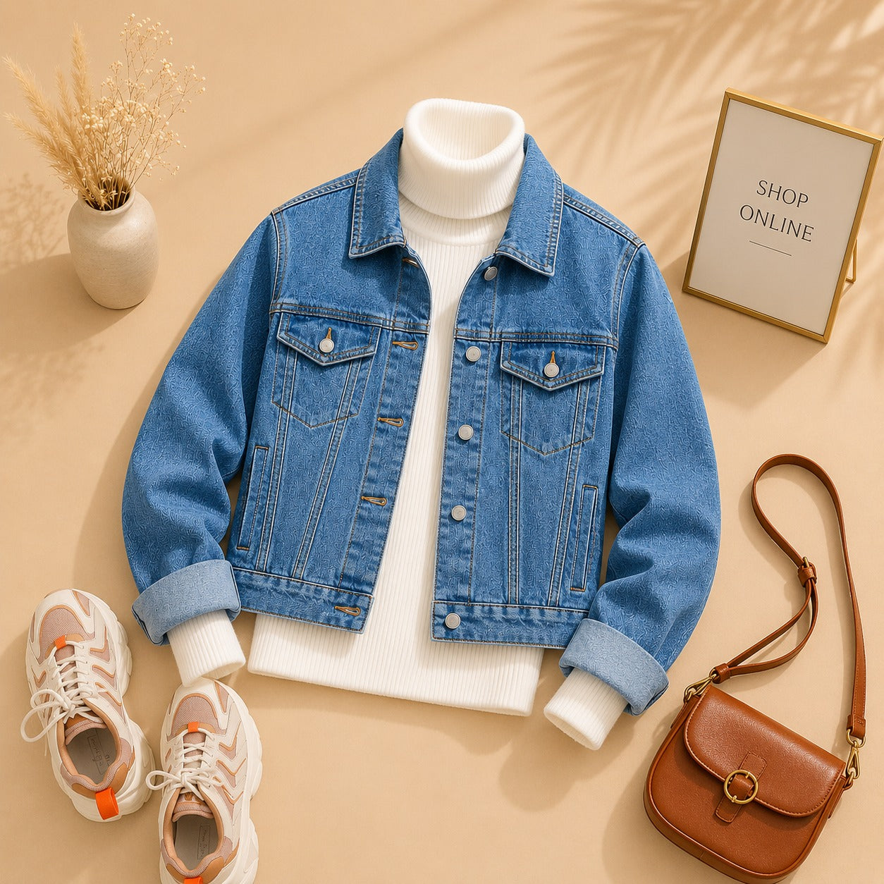 MID BLUE DENIM JACKET WITH WHITE HINECK