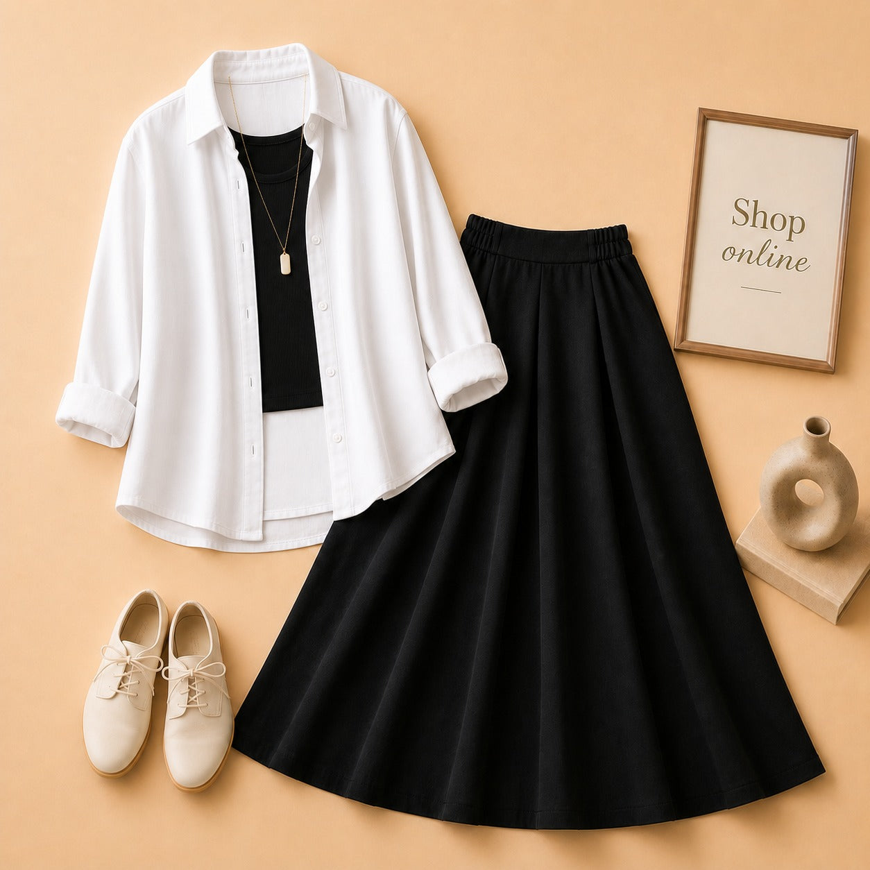 WHITE BUTTON SHIRT WITH BLACK TANKTOP AND BLACK TWILL SKIRT