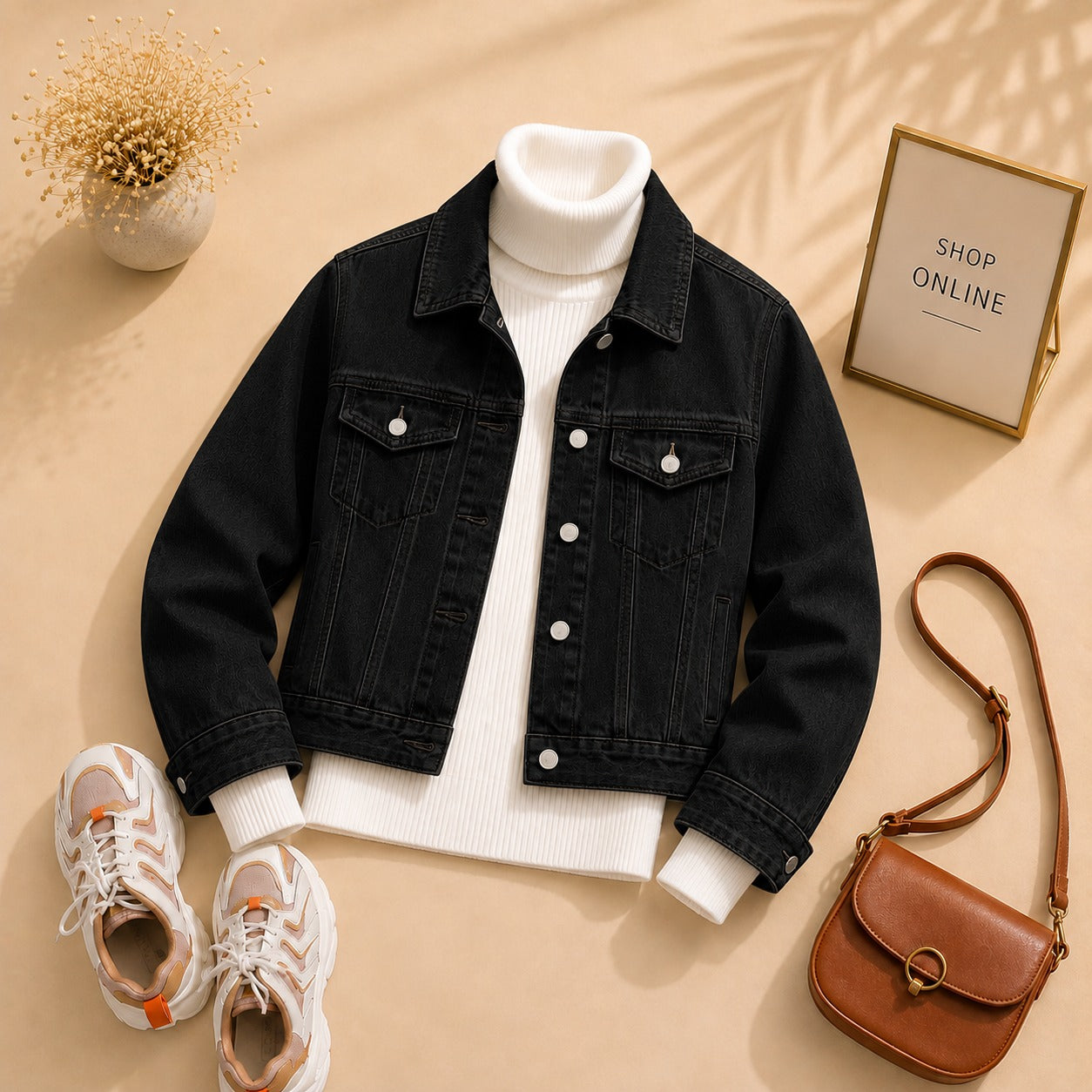 BLACK DENIM JACKET WITH WHITE HINECK