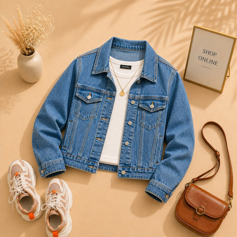 Mid Blue Denim Jacket With White Tanktop